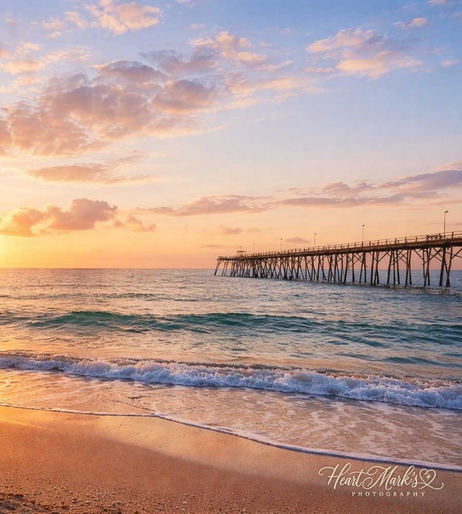 A pier at sunrise on a quiet beach
